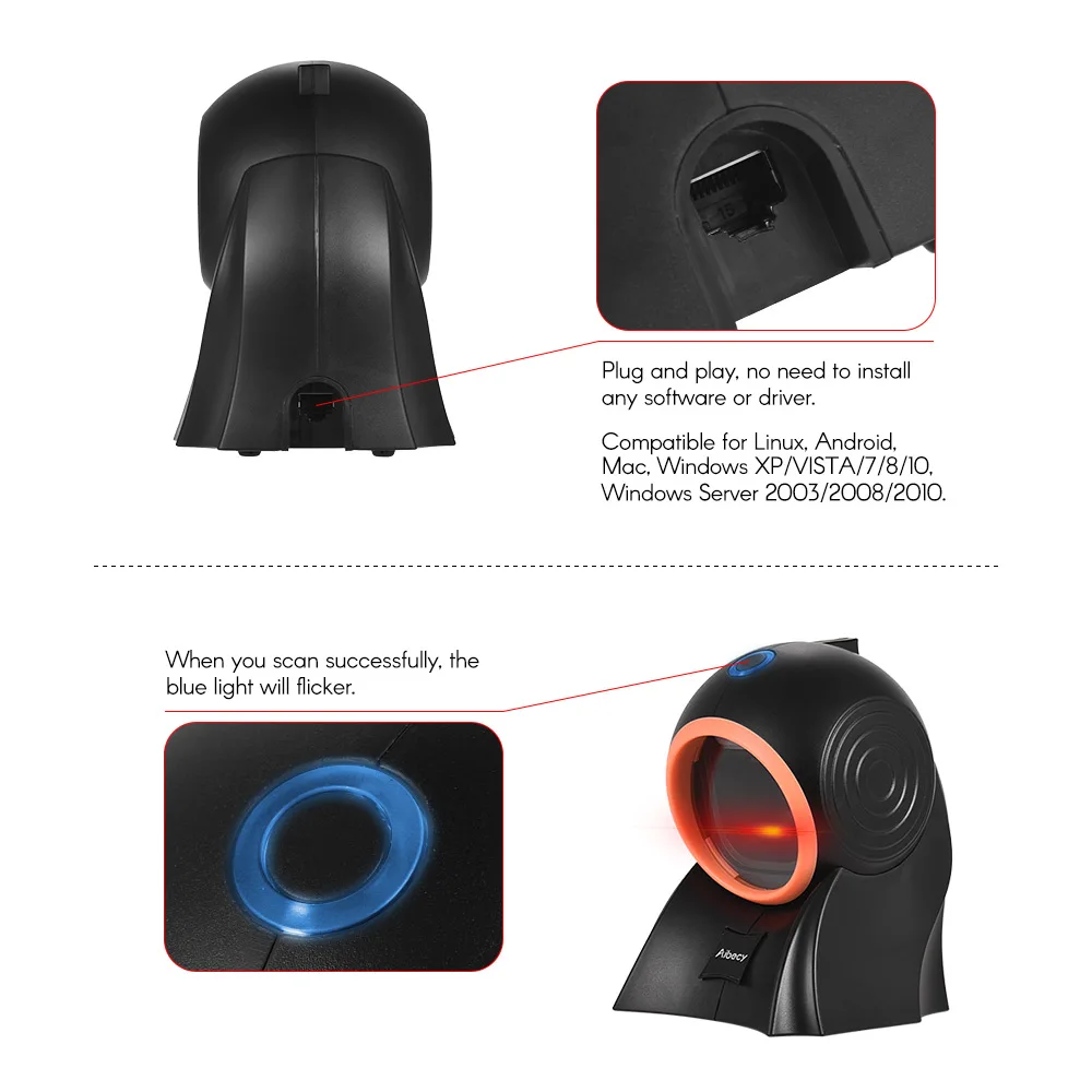 Aibecy Настольный Hands-free 1D 2D QR сканер штрих-кода с usb-кабелем всенаправленный считыватель штрих-кода регулируемое сканирование