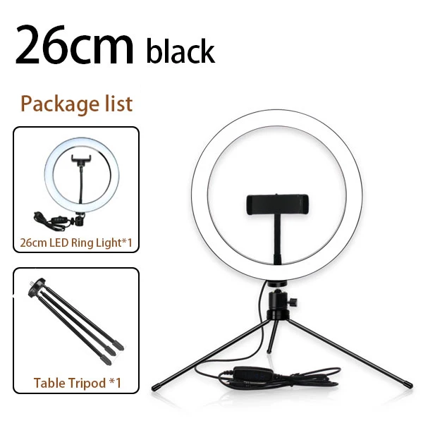 26cm black 2 in 1 Светодиодный кольцевой светильник с регулируемой яркостью для селфи 8 ''10'' 26 см, кольцевая лампа для макияжа, светильник ing beauty Room, Настольный Штатив для гостиной, usb-разъем - Цвет: 26cm black 2 in 1