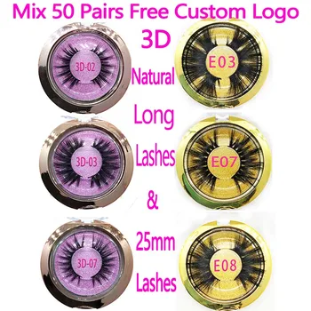 

Mix 50 Pairs 3D Natural Long Lashes & 25mm Mink Eyelashes Wholesale Round Case Free Custom Packaging Makeup Mink Lashes