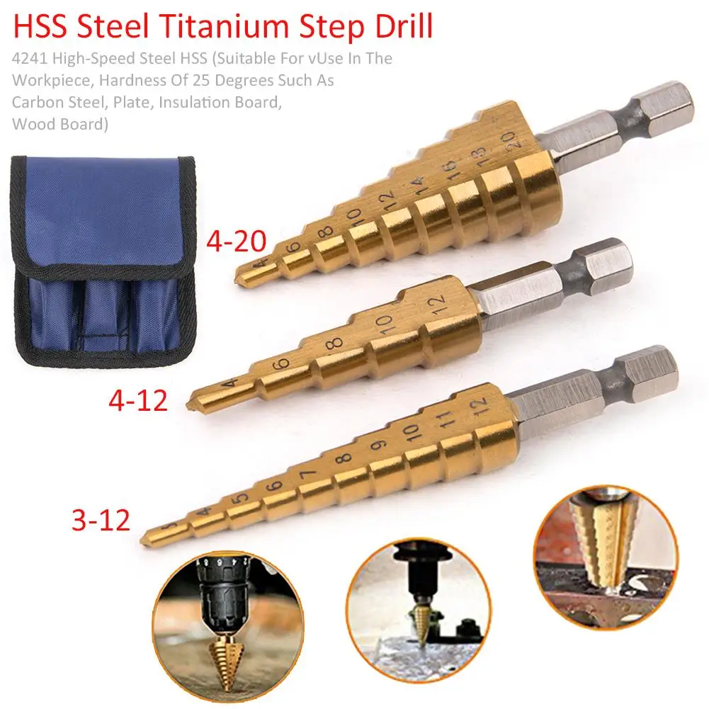 3Pcs HSS Step Cone Taper Drill Metric Size Hex Shank Titanium Coated Step Drill Bit Cutting Tool Drill Bit Set 3-12/4-12/4-20mm
