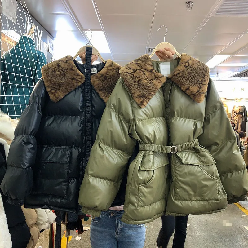 Зимняя женская парка, корейский стиль, Джокер, леопардовая шерсть, с отворотом, с эластичным поясом, съемная утолщенная куртка с хлопковой подкладкой
