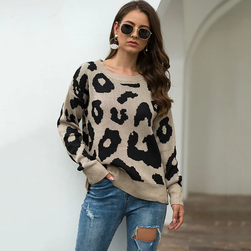 

2019 New Autumn Winter European American Fashion Trend Leopard Ladies Sweater Round Neck Loose Pullover Sweater