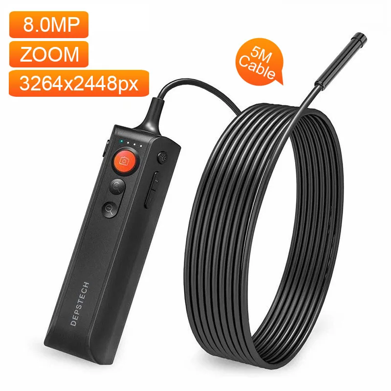 DEPSTECH 8MP HD Auto Focus Endoscope Inspection Mini Wireless WiFi Industrial Camera Borescope with 16.4ft Flexible Hard Cable