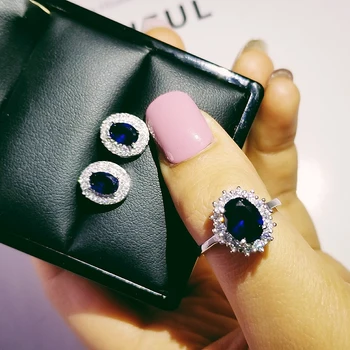 

925 Sterling Silver Jewelry set halo Engagement ring round stud earring for Wedding christmas Day gift party J4944-blue