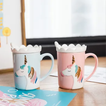 

Creative cute Unicorn Mug Korean version with lid spoon relief ceramic cup pink girl coffee cup milk cup