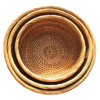 

3PCS/Set Handmade Round Rattan Fruit Bowl Candy Storage Basket Food Tray For Bread Vegetables Burgers Fruits Fries Condiments