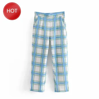 

Trousers women chic plaid high waist pants pockets side zipper fly female casual ankle length long trousers Korean Clothes