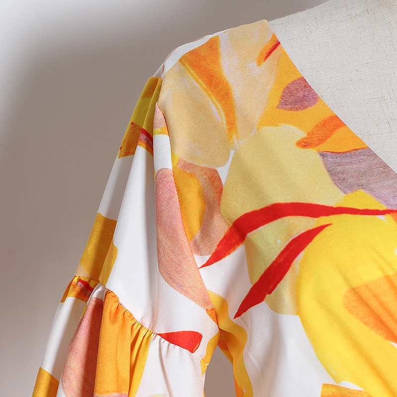 TWOTWINSTYLE Casual Print Dress Women V Neck Lantern Long Sleeve High Waist Ruffles Asymmetrical Dresse For Female Fashion Tide