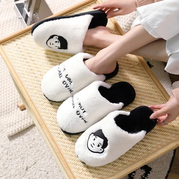

Winter Couple Warm Cute Cartoon Cotton House Slippers Comfortable Soft Furry Slides For Women Men Indoor Dormitory Shoes White