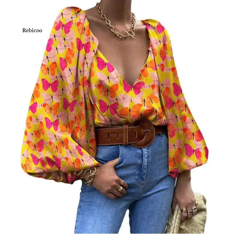 

Women's Tops Trend Retro Butterfly Print Long Sleeve V-Neck Pullover Fashion Shirt Ladies Clothing Spring Autumn New