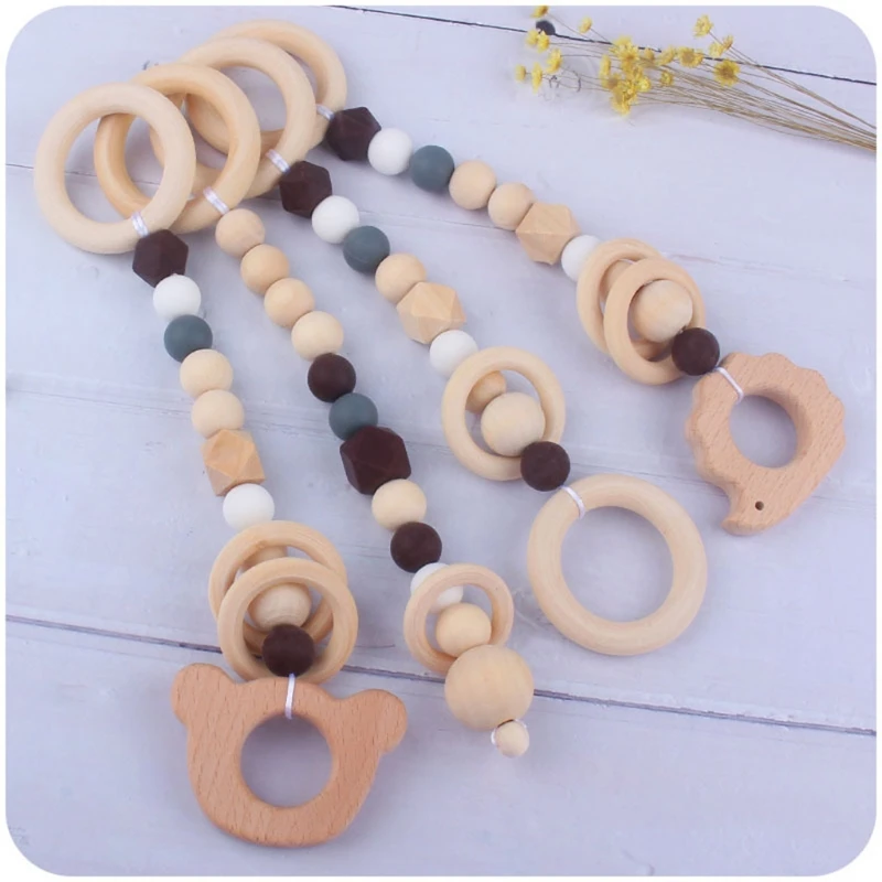 3/4 Pcs Baby Gym Frame Beech Wood Ring Baby Fitness Rack Pendants Silicone Beads Teether Newborn Stroller Rattle Play Gym Toys baby play gym toys