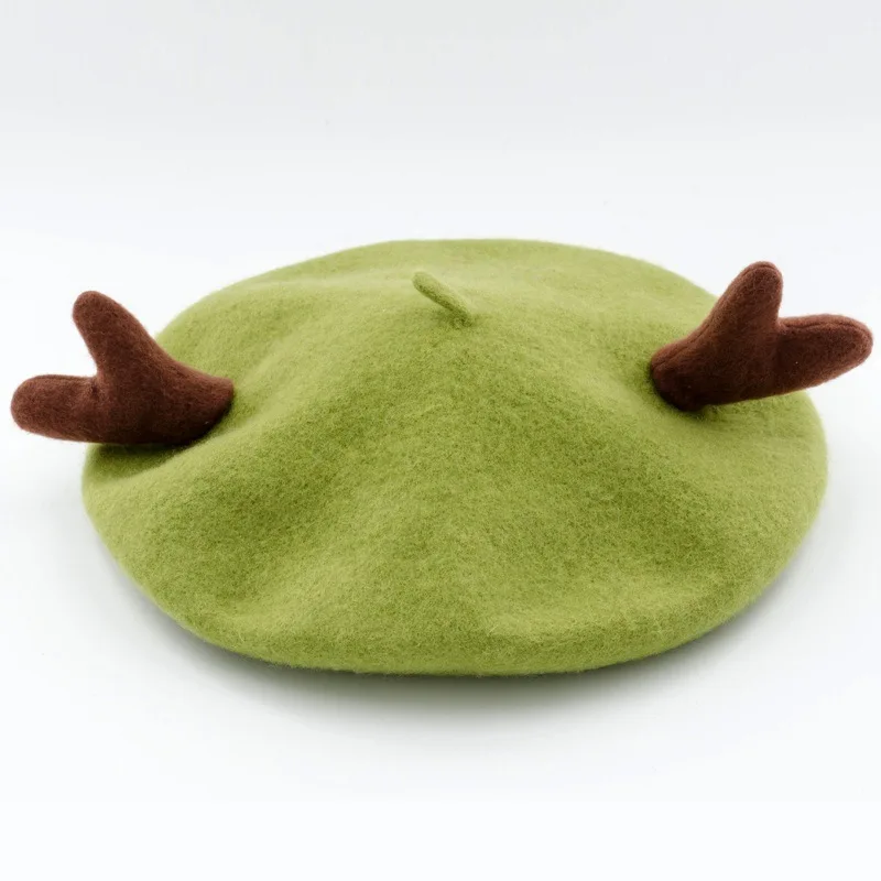 Olive green Женский берет с милым оленем, шерстяные береты, зимние женские теплые шапочки, шапка, шапка, французский берет художника, рождественский подарок, шапки для девочек - Цвет: Olive green