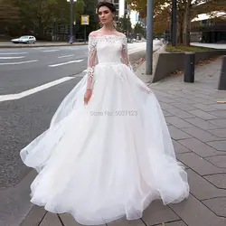 С плеча линии Свадебные платья, аппликации из кружева с длинными рукавами, пуговицами Иллюзия Vestido De Noiva свадебное платье на заказ