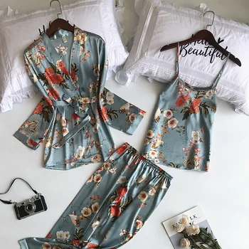 

New 3 Pieces Pyjama Set 2020 Women Spring Summer Sexy Silk Pajamas Sets Satin Sleep Suit Cute Nightwear Home Clothes Sleepwear