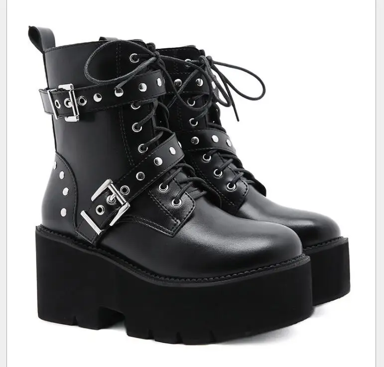 Autumn Winter Lace Up Elastic Leather Shoes For Women Ankle Boots Sexy High Heels Balck Brown Black Platform Shorts Boots Large