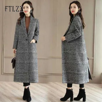 

Women Fashion Loose Plaid Woolen Overcoat 2019 New Winter Female Medium Long Turn-down Collar Single Button Casual Wool Coat