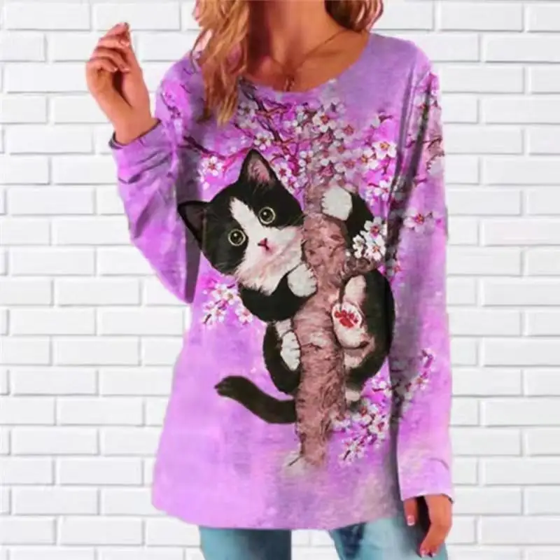 Hb95f5f37e24d4f46891dd711ec16921ap - Fashion Trendy Ladies 3D Cartoon Cat Print T Shirt Women