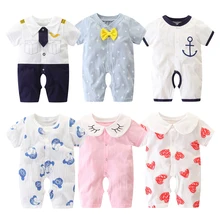 Комбинезоны для новорожденных мальчиков и девочек, Летний комбинезон с короткими рукавами для малышей, размеры 3, 6, 9, 12, 18 месяцев, милые костюмы для маленьких джентльменов