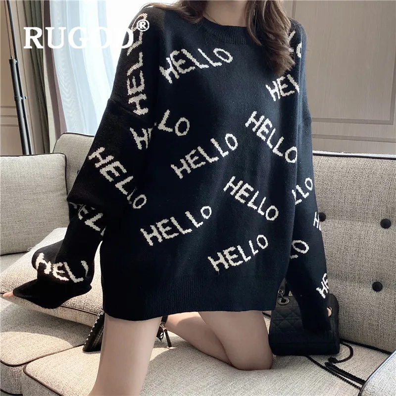 RUGOD, новинка, корейский стиль, уличная одежда, свободные, с буквенным узором, с круглым вырезом, свитера, элегантный пуловер для девушек, женская зимняя мода