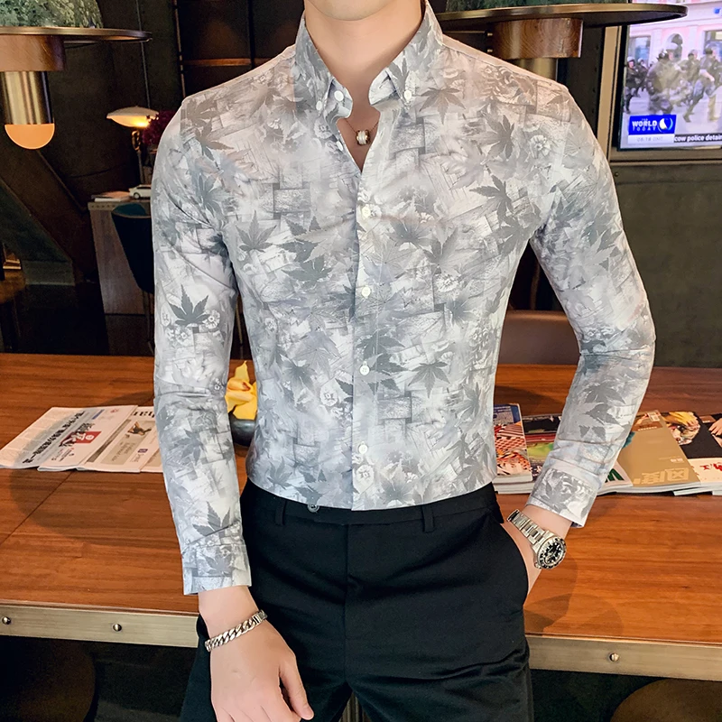new shirt men's long-sleeved print Slim personality Korean version of leisure free hot youth handsome fashion shirt men