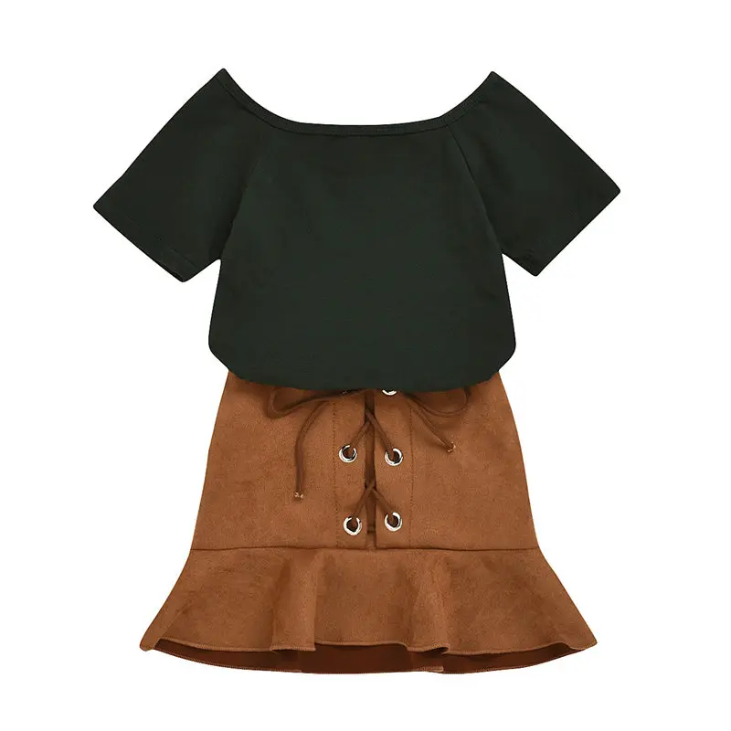 toddler kid girl clothes set black t-shirt brown skirt 2pcs summer outfit children clothes (2)