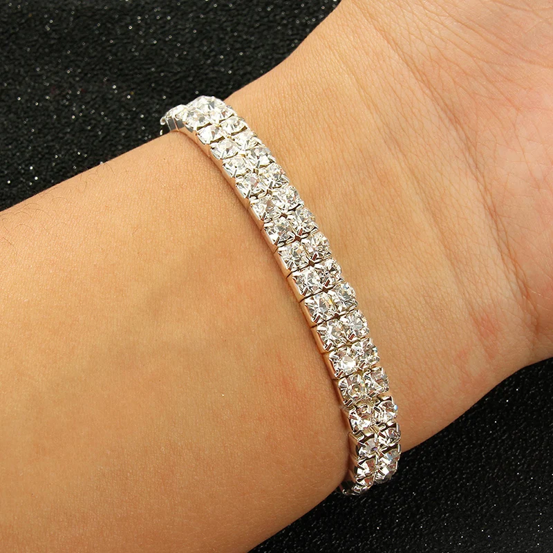 Multi FILA 6 Cristal Plata Diamante Brazalete Pulsera Elástica Boda Nupcial
