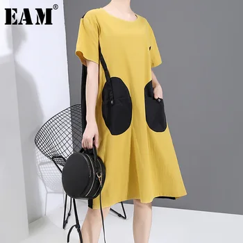 

[EAM] Women Pocket Split Back Pleated Big Size Dress New Round Neck Short Sleeve Loose Fit Fashion Tide Spring Summer 2020 1W343