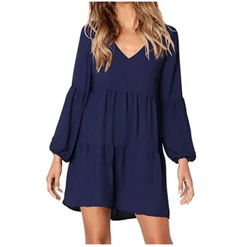 

Women's Plus Size Dress New Sexy Solid Lantern Long Sleeves V-Neck Draped Flowy Mini Dresses Winter Spring Fashion Vestido k4
