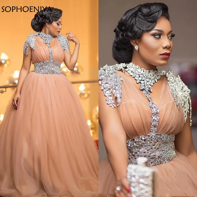 Новое поступление, Длинные вечерние платья с высоким вырезом, кристаллы, украшенные бисером, вечерние праздничные платья, Vestidos de festa