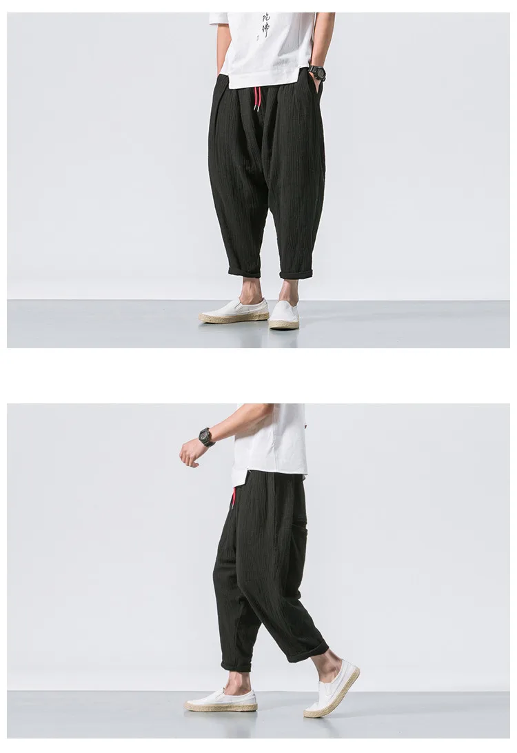 JDDTON New Men Summer Cotton Linen Harem Pants Fashion Low Gear Baggy Casual Loose Cropped Pants Drawstring Male Trousers JE076 high waisted harem pants