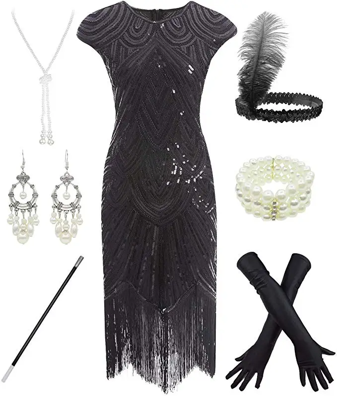 Women's 1920s Flapper Dress Costume Set - Sequin Gatsby Dress With Feather Headband & Accessories