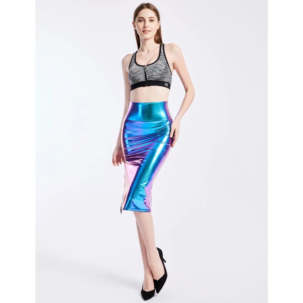 Сексуальная облегающая юбка миди из искусственной кожи с разрезом, Женская стрейчевая юбка с завышенной талией, посылка на бедрах, узкая юбка-карандаш