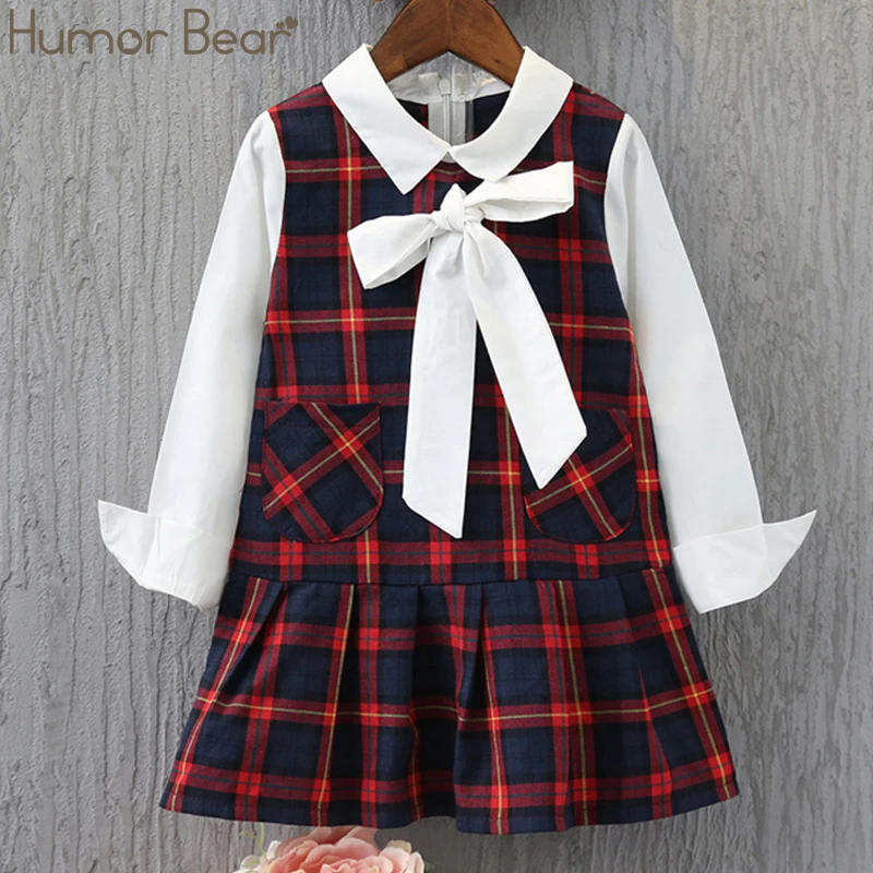 Humor Bear/платье для девочек в школьном стиле; сезон осень-весна; платье с длинными рукавами и бантом; детская одежда; платье принцессы в клетку для девочек