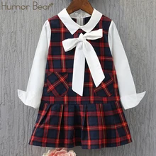 Humor Bear/платье для девочек в школьном стиле; сезон осень-весна; платье с длинными рукавами и бантом; детская одежда; платье принцессы в клетку для девочек