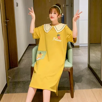 

Young Lady Yellow Cotton Nightdress Cute Cartoon Dog Print Sleepwear Casual Half Sleeve Night Dress O-Neck Loose Nightgown