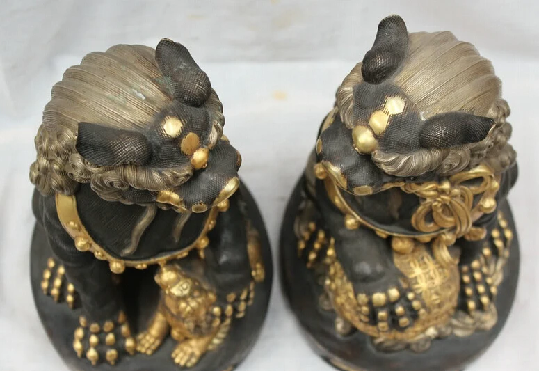 JP S62 10" Chinese Bronze 24K Gold Gilt Fengshui Guardion Foo Fu Dog Lion Statue Pair B0403