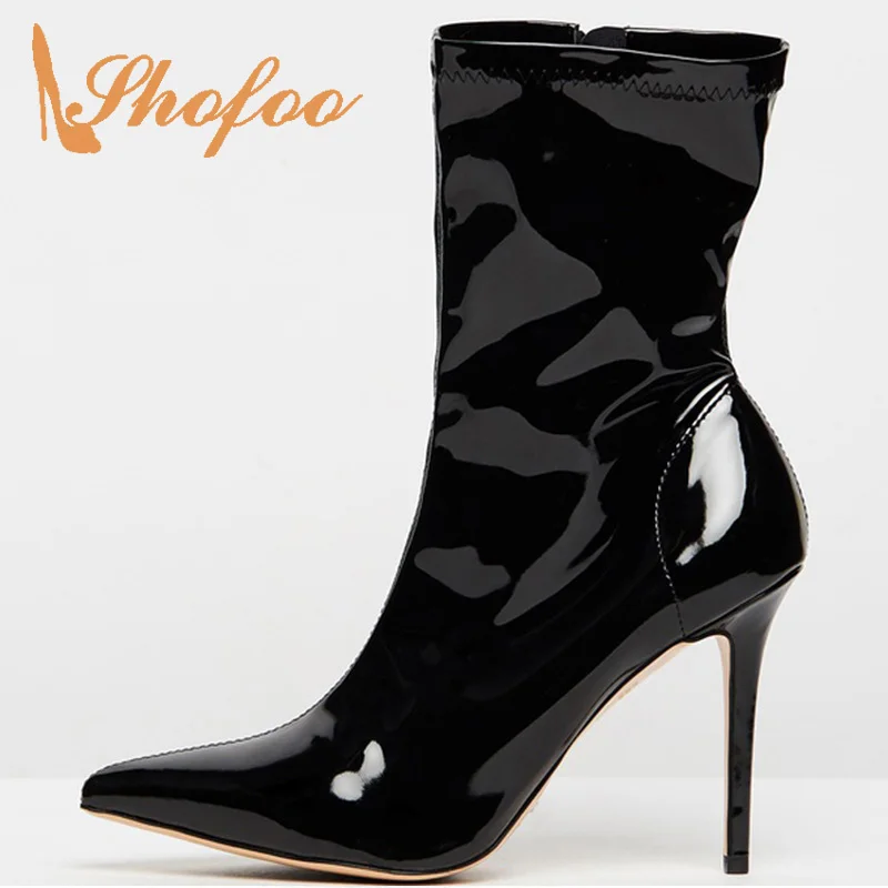 

Quilted Black Stilettos Ankle Boots Woman Pointed Toe High Thin Heels Patent Leather Large Size 12 15 Ladies Winter Booties 2021