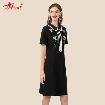 

New Arrival Summer Dress Women's Short Sleeve Casual Elegant Flower Embroidery Black Dress Ladies Diamonds Buttons A-line Dress