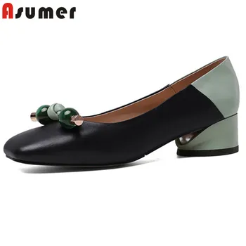 

ASUMER 2020 newest top quality genuine leather shoes women pumps mixed colors square toe spring summer single shoes ladies