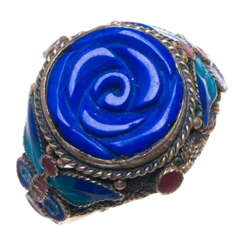 

Natural Lapis Lazuli Carved Rose Opening Handmade 925 Sterling Silver Ring 8 D1342