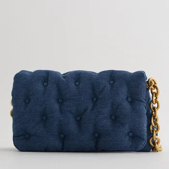 

2020 Autumn and Winter New Down Cotton Women's Bag Blue Oversized Denim Quilted Shoulder Bag Fashion Chain Underarm Bag
