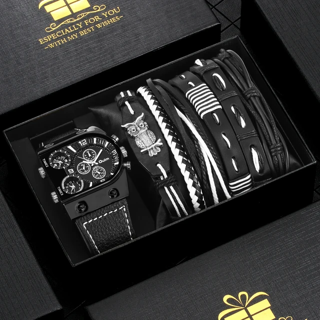Mens Watches Luxury Black 6PCS Watch Bracelet Set Gift for Men Fashion Business Quartz Wrist Watch for Men Regalos Para Hombre 1
