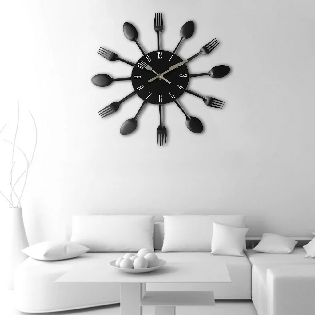 Clocks Wall Modern Design Sliver Cutlery Kitchen Utensil Wall Clock Spoon Fork Clock Clocks Wall Home Decor Living Room Luxury