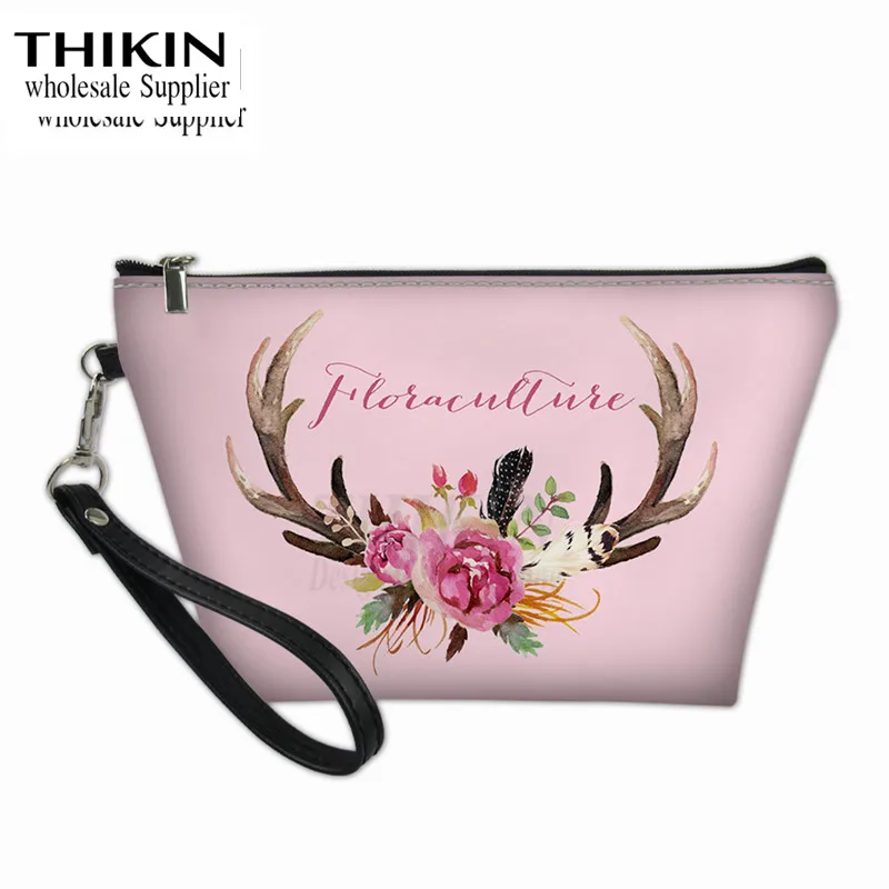 as picture Сумка для макияжа на молнии с цветочным узором THIKIN Antler для женщин, уникальная женская сумка для макияжа для путешествий, косметичка из искусственной кожи - Цвет: as picture