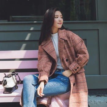 

2019 Lady Coat Plaid Double Breasted Oversize Wool Blends Autumn Winter Cotton Liner Outerwear for Women