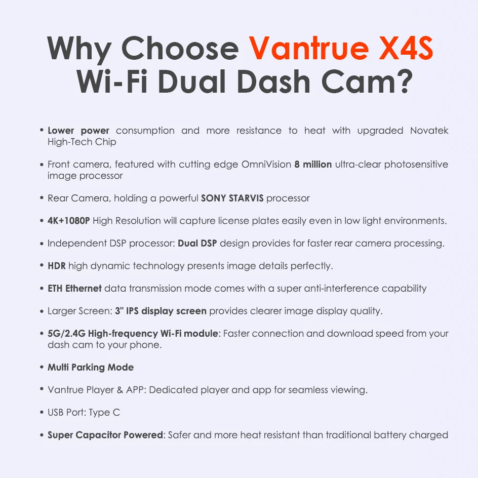 Vantrue Dash Cam Font And Rear 4K X4S Duo Video Recorder 5G WiFi APP Car Camera Super Night Vision 24H*7 Parking Mode Black Box rear view mirror dash cam