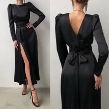 

Celmia Women Elegant Satin Party Maxi Dress Fashion Open Back Long Sleeve Slit Hem Vestidos Belted Sexy Tight-tit Formal Dresses