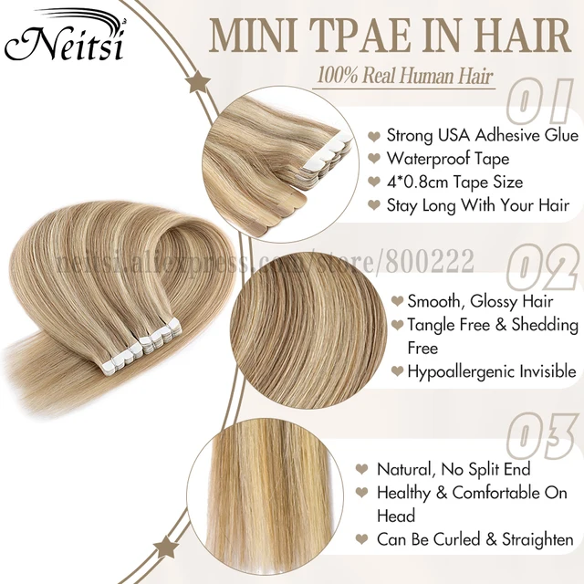 Neitsi-Mini cinta adhesiva de Color degradado, extensiones de cabello humano, trama de piel recta, 100% Natural, Balayage, 12, 16 y 20 pulgadas