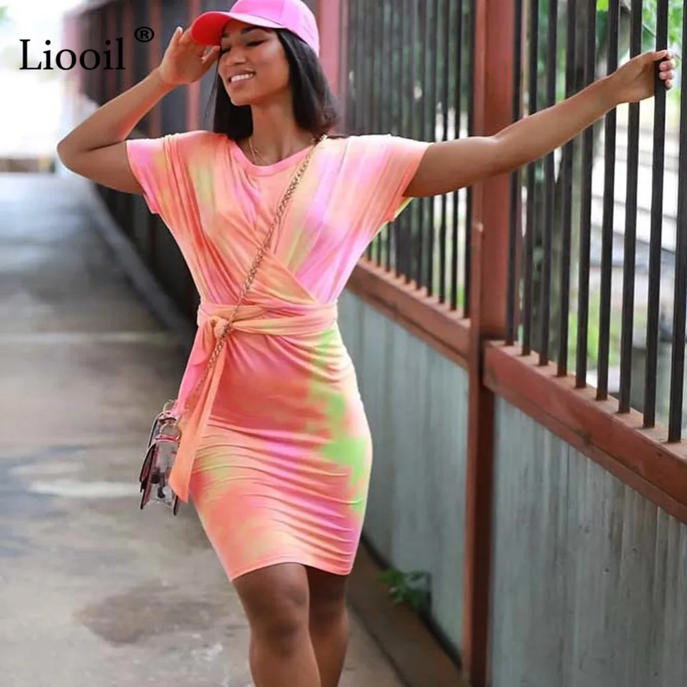 Liooil Tie Dye сексуальное облегающее платье миди для женщин летние платья с коротким рукавом на шнуровке с высокой талией женские вечерние платья для ночного клуба