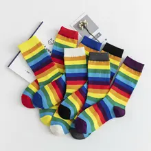 ; 1 пара; милые хлопковые носки в полоску с радугой для женщин и девочек; сезон осень-зима повседневные женские длинные носки разноцветные вязаные носки